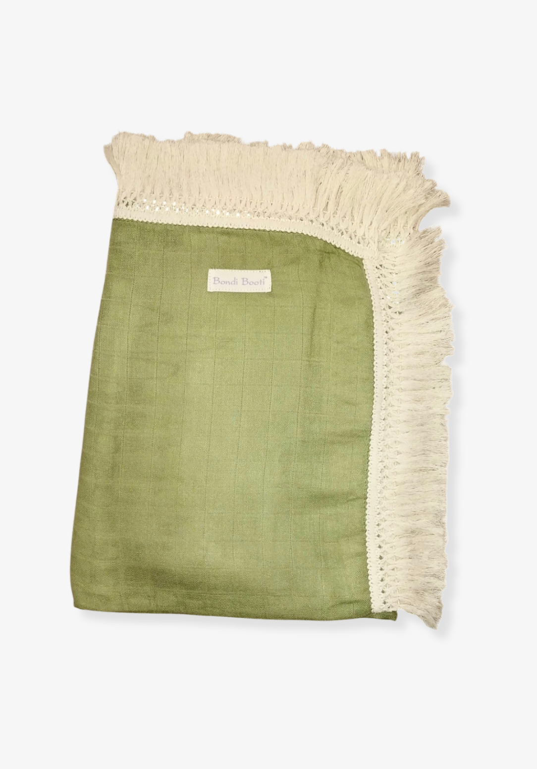 Soft green cotton baby blanket with ivory fringe, made from breathable cotton-bamboo fabric. Lightweight and cozy.
