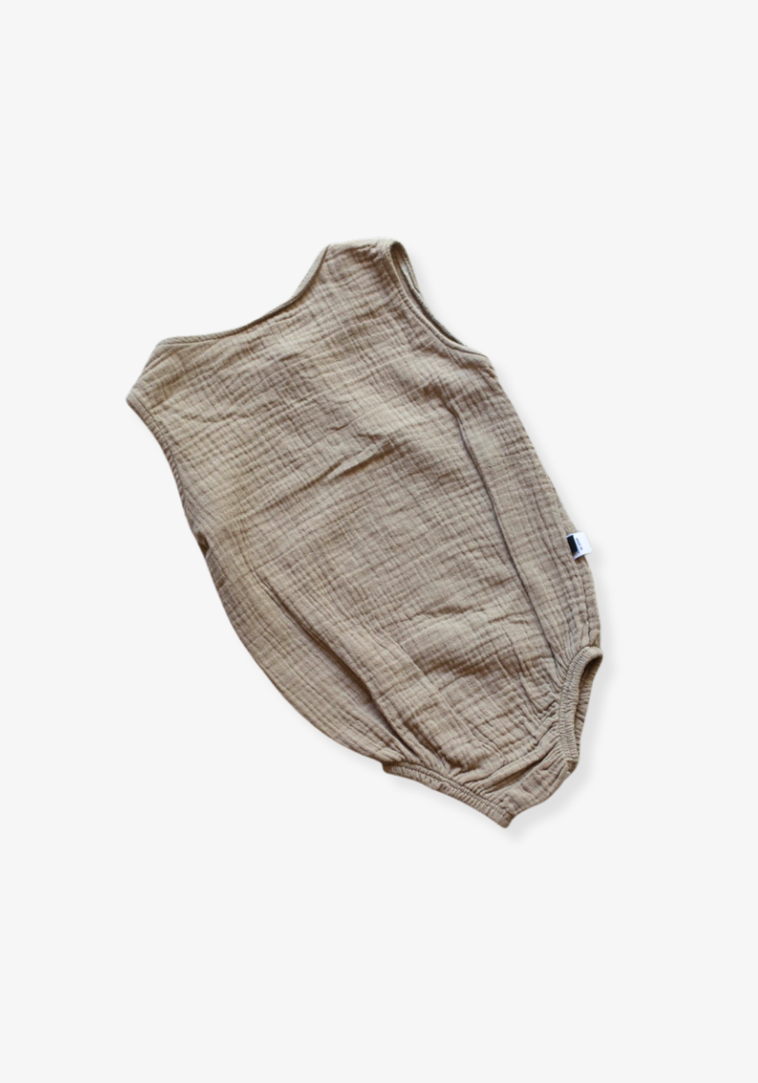 Mocha-colored organic cotton baby romper with short sleeves and front buttons
