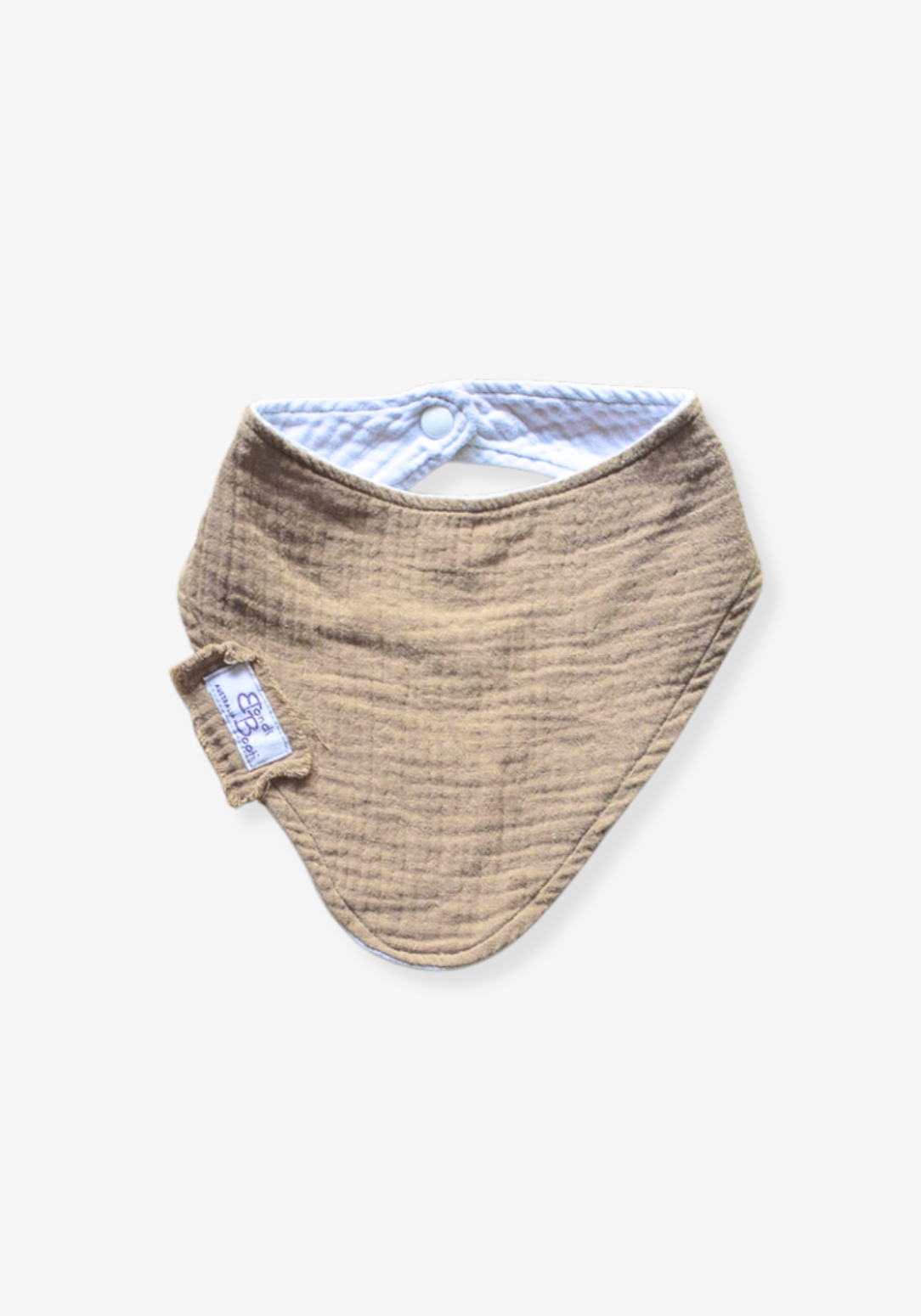 Mocha-toned bandana-style baby bib made of soft organic cotton with absorbent inner lining.