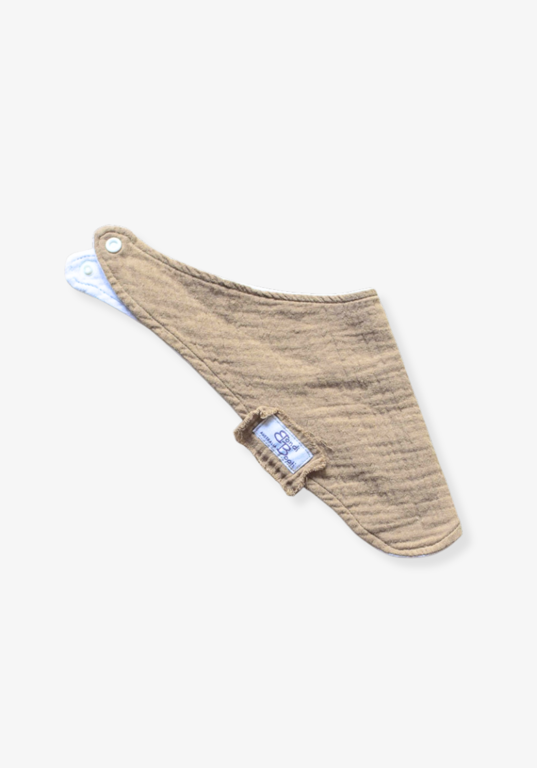Mocha-toned bandana-style baby bib made of soft organic cotton with absorbent inner lining.