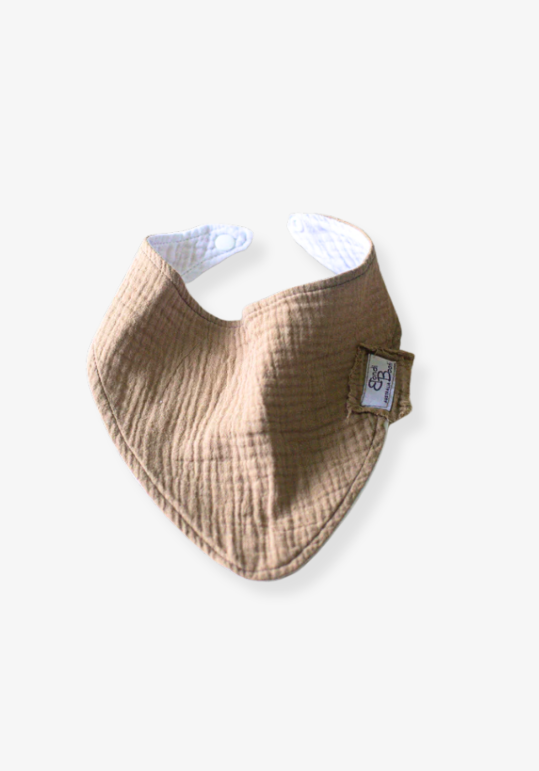 Mocha-toned bandana-style baby bib made of soft organic cotton with absorbent inner lining.