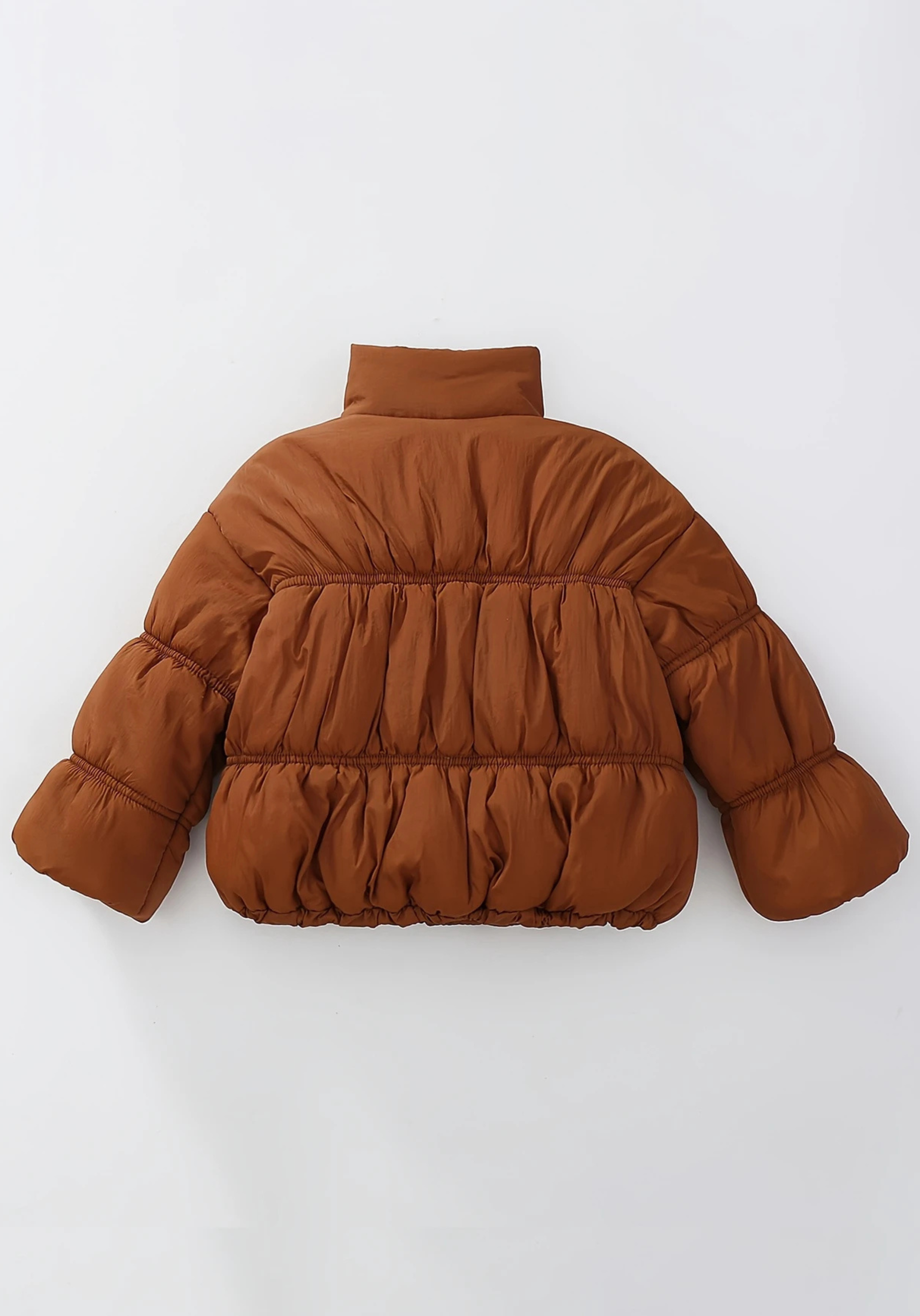 Back view of toddler brown puffer jacket with ruched detailing and high collar