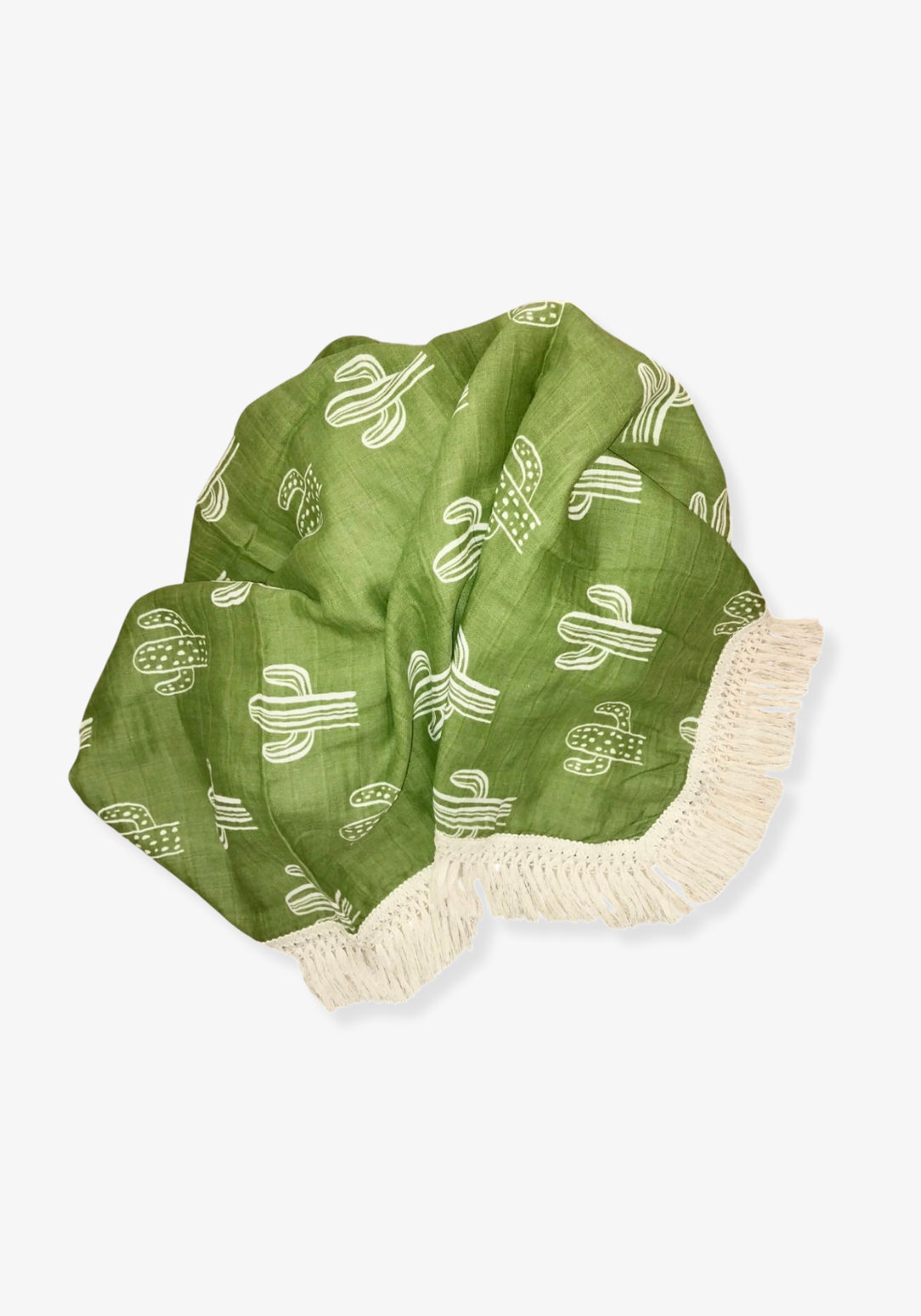 Green cotton baby blanket with white cactus print and cream fringe edges. Soft and breathable fabric.
