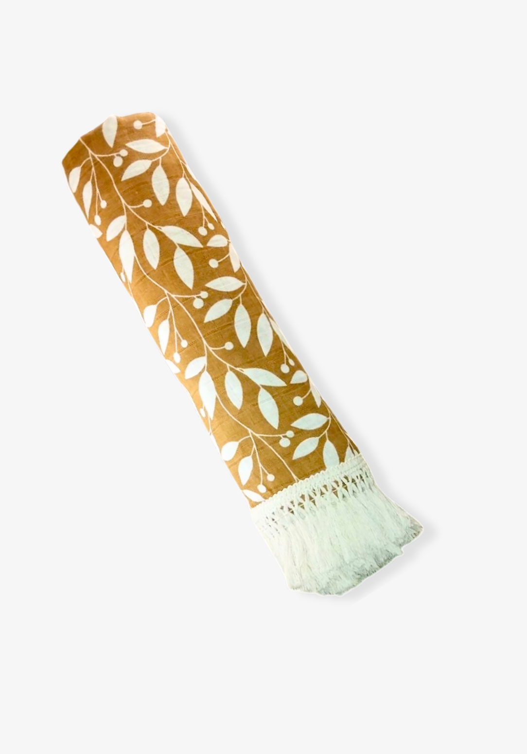 Rolled mustard brown cotton baby blanket with delicate white leaf print and cream fringe trim. Lightweight and breathable for babies.