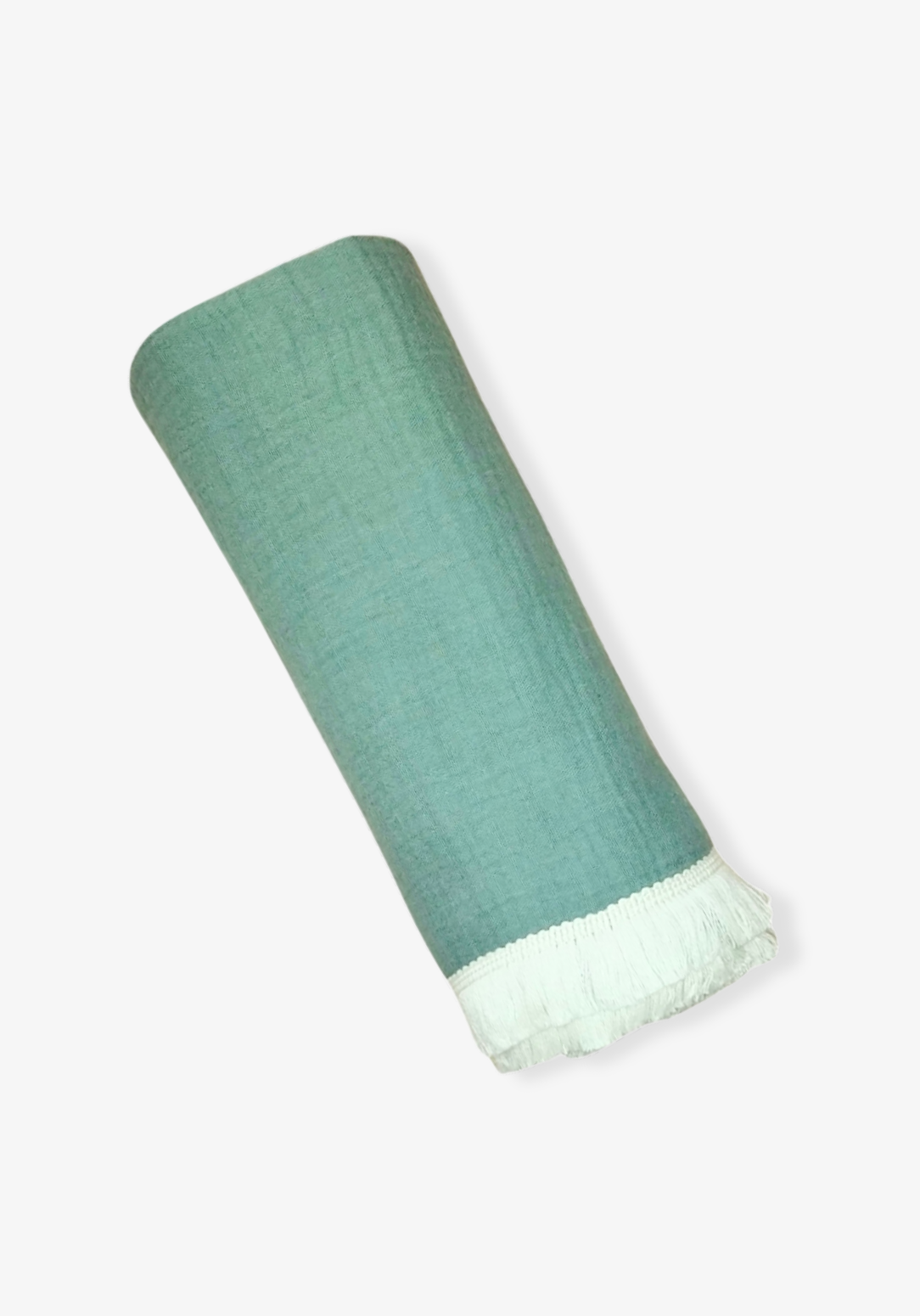 Teal blue baby blanket in airy cotton bamboo material, detailed with soft white fringe along the edges.