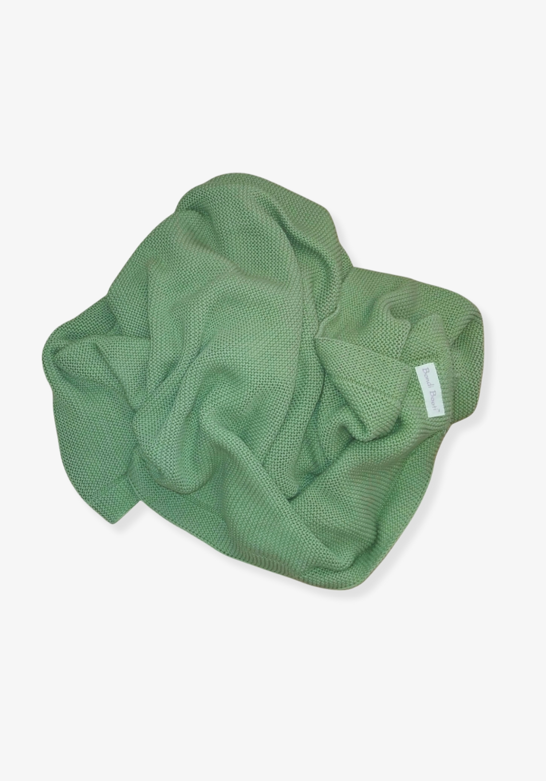 Folded green knitted baby blanket with a “Bondi Booti” label, placed on a light gray background.