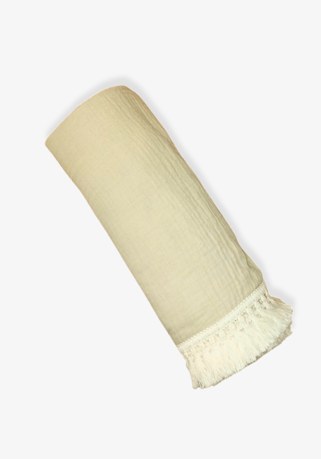 Neutral beige baby blanket with delicate fringe, crafted from cotton and bamboo for softness and breathability.