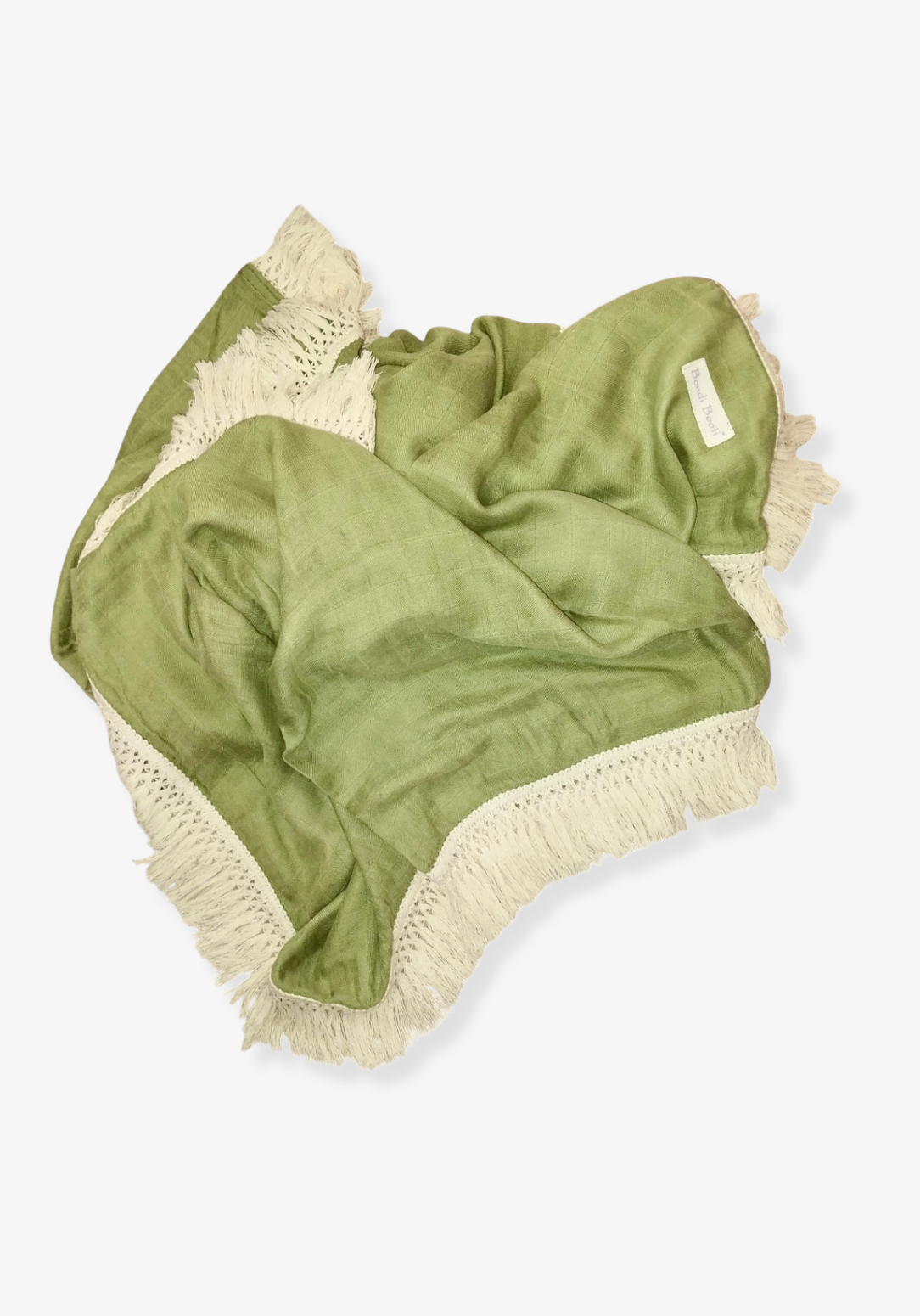Soft green cotton baby blanket with ivory fringe, made from breathable cotton-bamboo fabric. Lightweight and cozy.