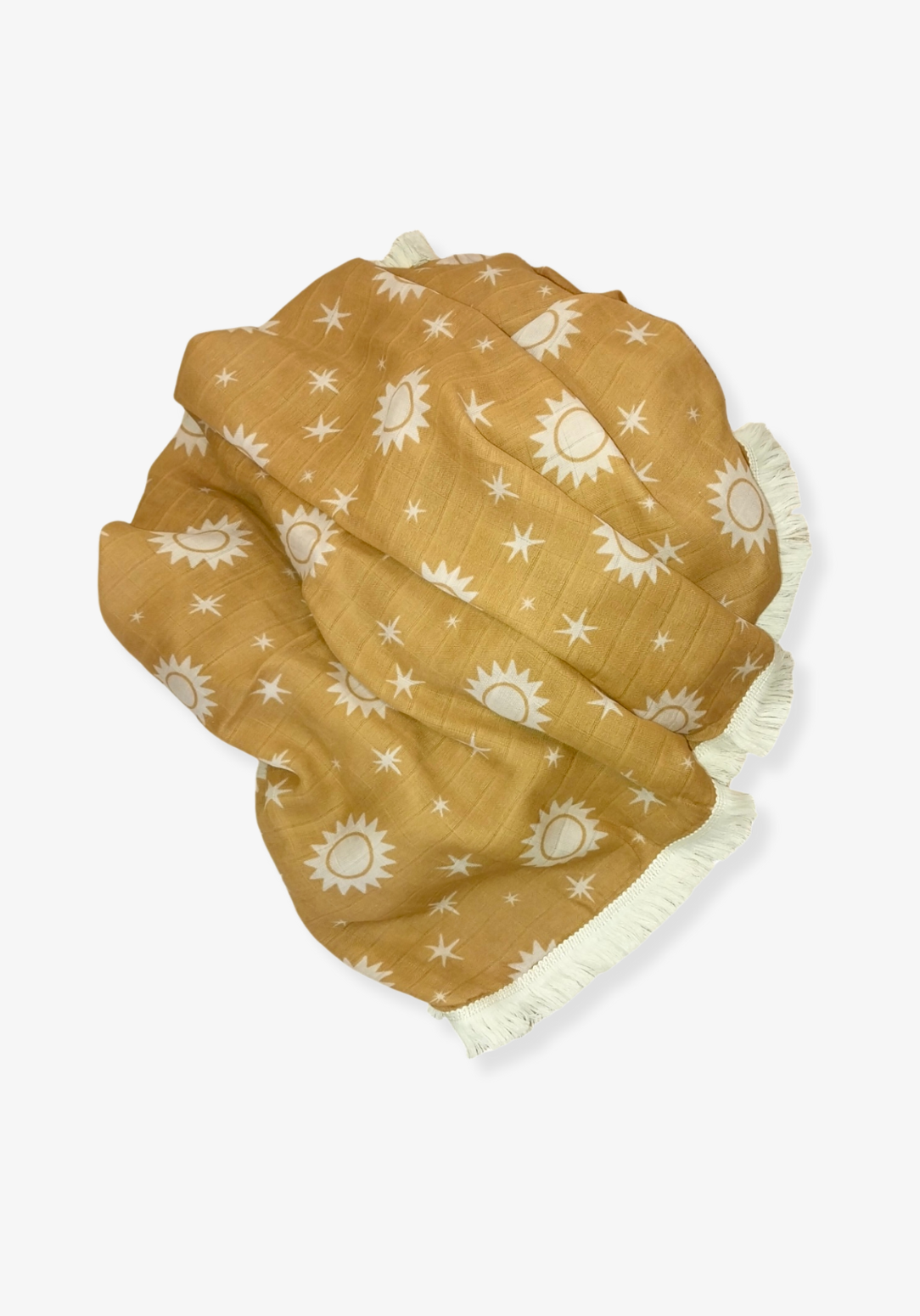 Mustard yellow baby blanket with sun and star print, finished with ivory fringe trim. Lightweight cotton bamboo blend.