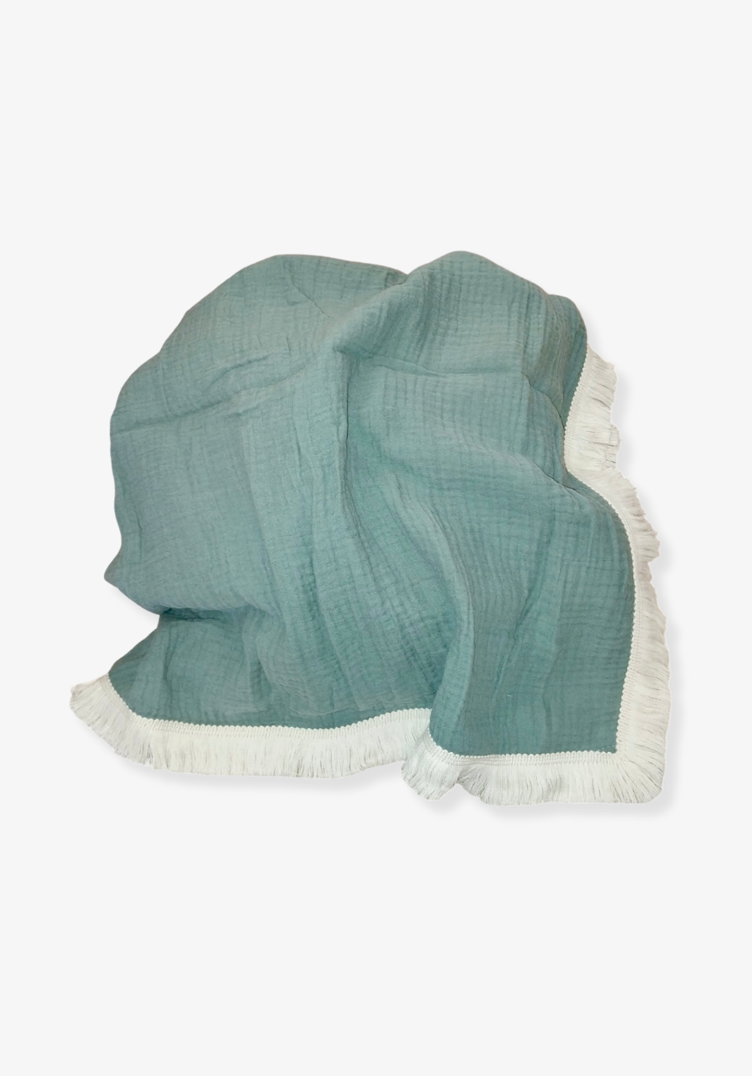 Teal blue baby blanket in airy cotton bamboo material, detailed with soft white fringe along the edges.