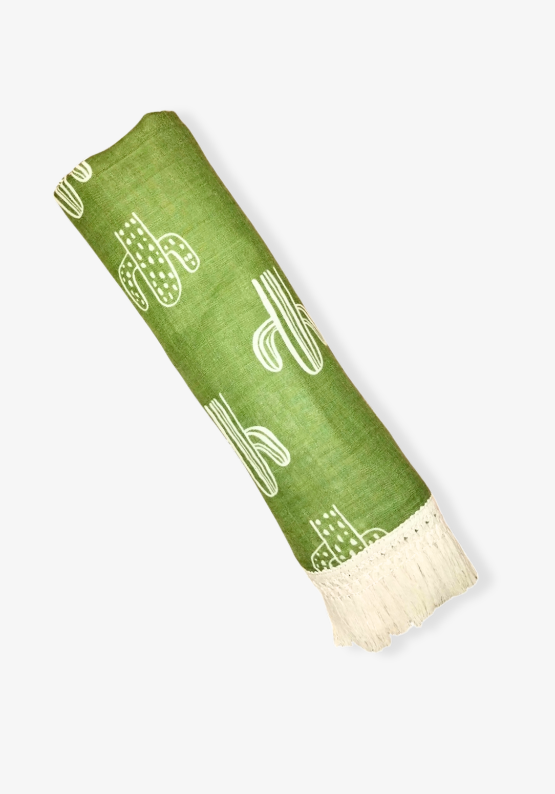 Green cotton baby blanket with white cactus print and cream fringe edges. Soft and breathable fabric.