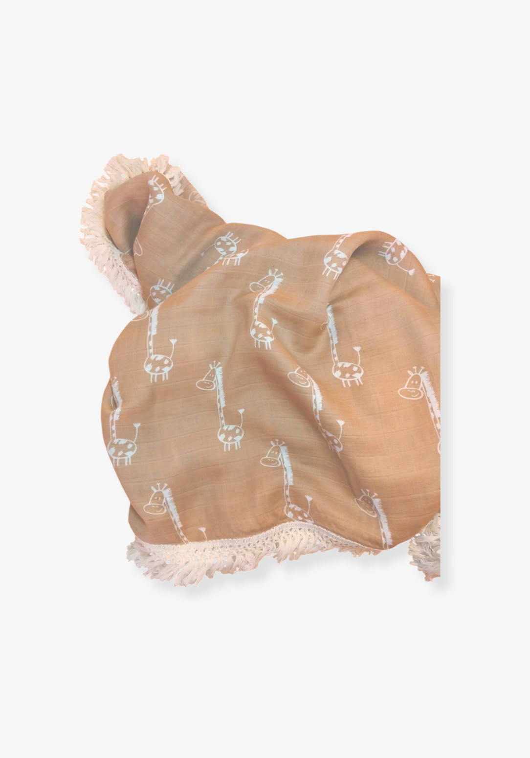 Rolled mocha-colored organic cotton baby blanket featuring white giraffe illustrations and white fringed edges, displayed on a light gray background.
