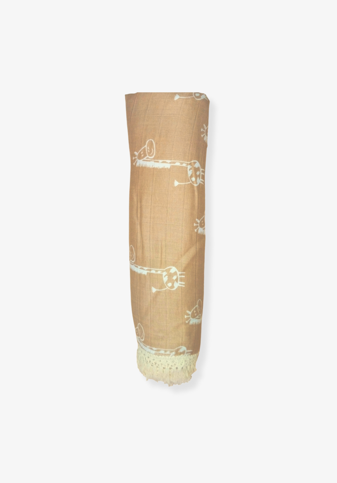Rolled mocha-colored organic cotton baby blanket featuring white giraffe illustrations and white fringed edges, displayed on a light gray background.