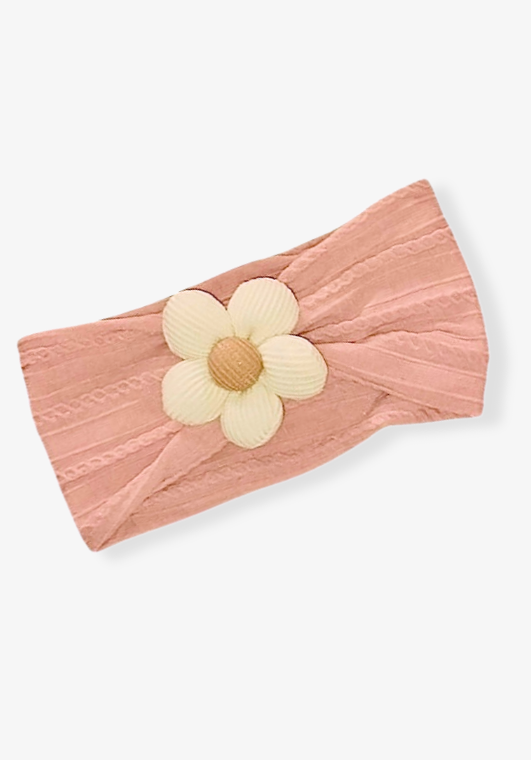 Blush pink toddler head band featuring a soft cream daisy flower at the front.