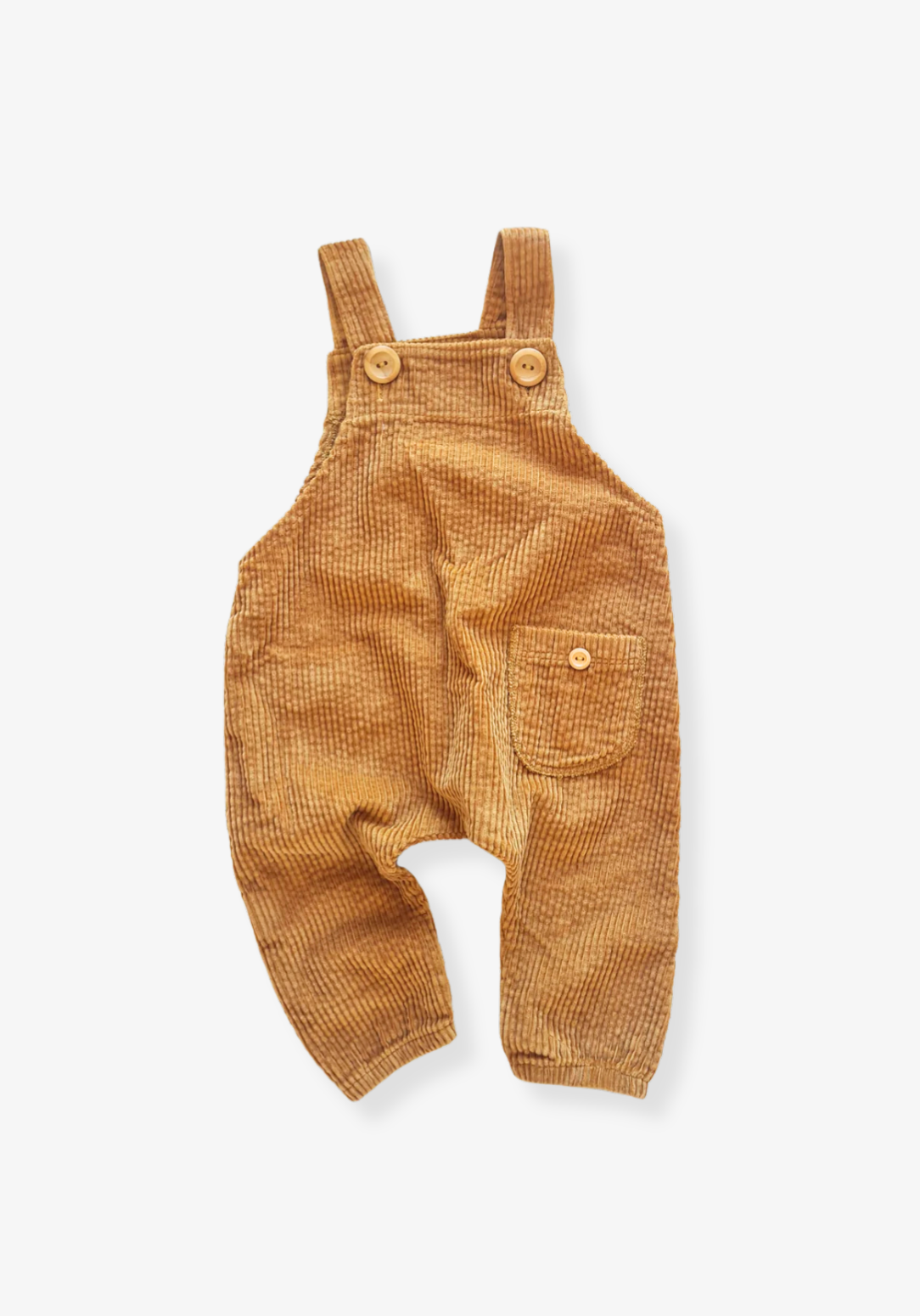 Baby overalls in coffee-colored corduroy with wooden buttons and cozy fit
