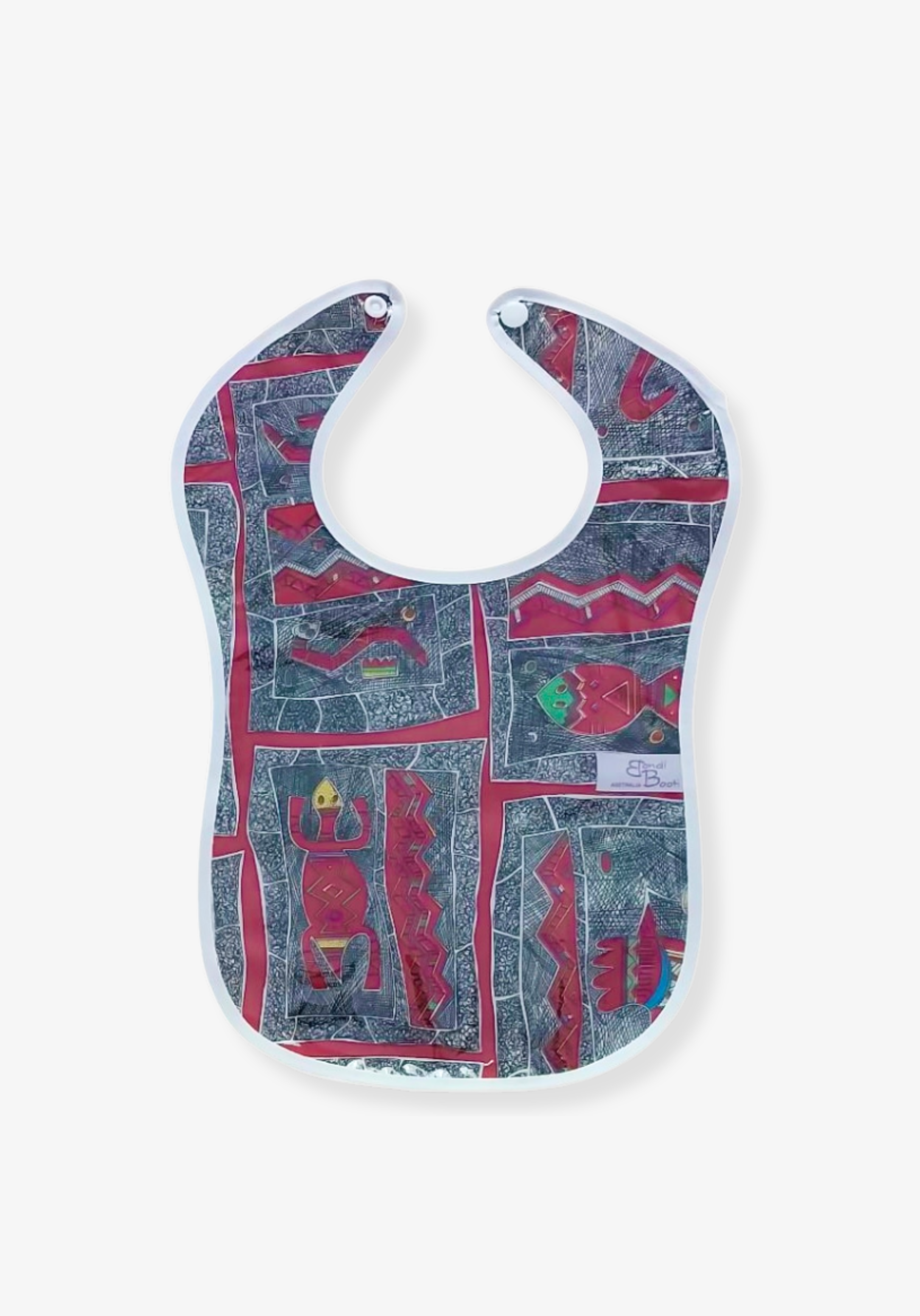 Laminated baby bib with red Aboriginal-inspired design