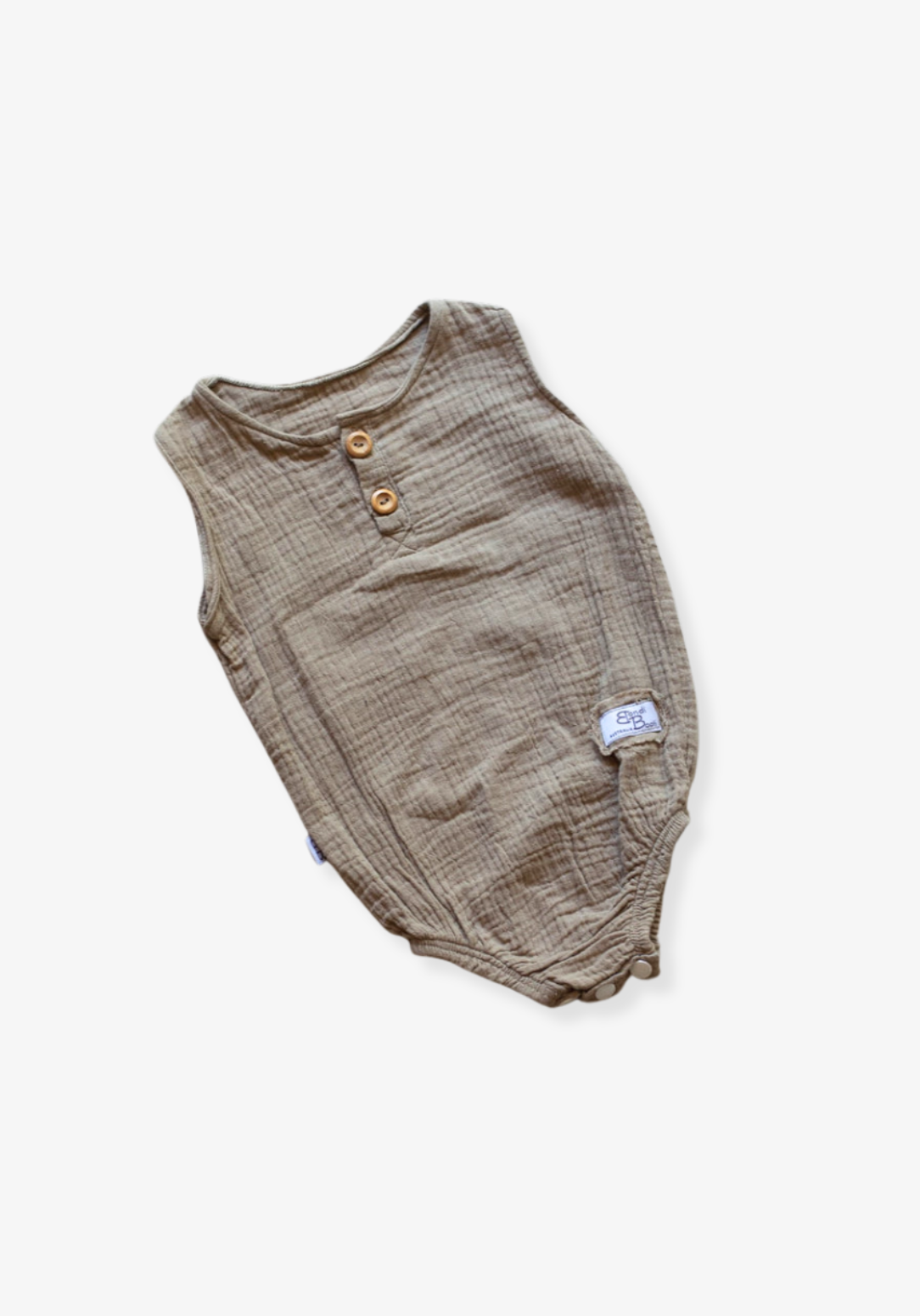 Mocha-colored organic cotton baby romper with short sleeves and front buttons