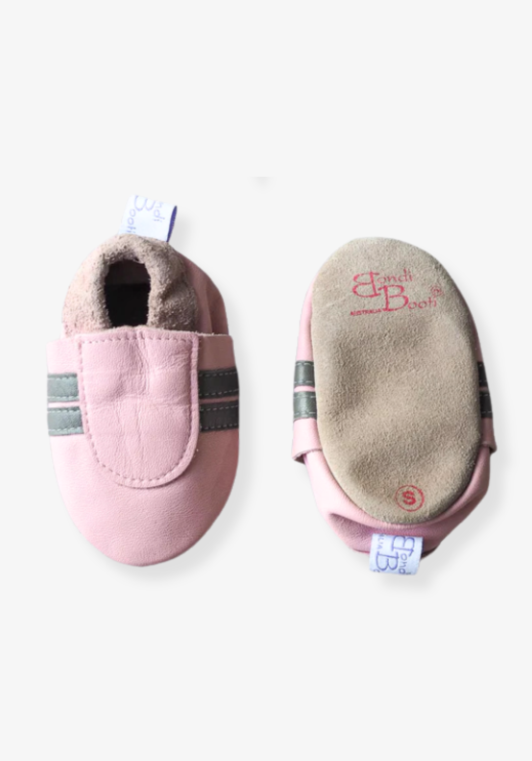 Pink Frost leather soft sole baby booties with elastic ankle and suede finish.