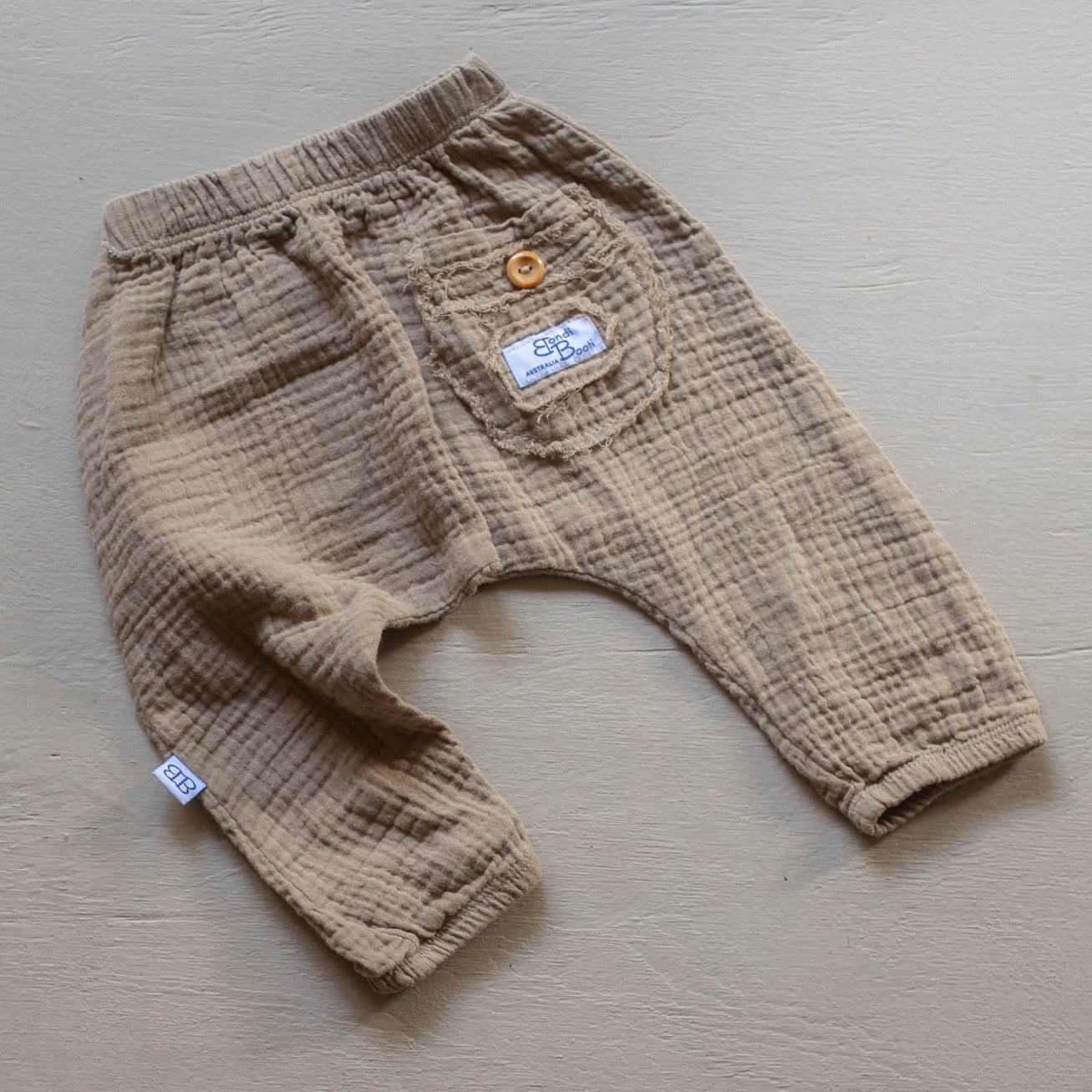 soft organic cotton neutral baby and toddler harem pants brown